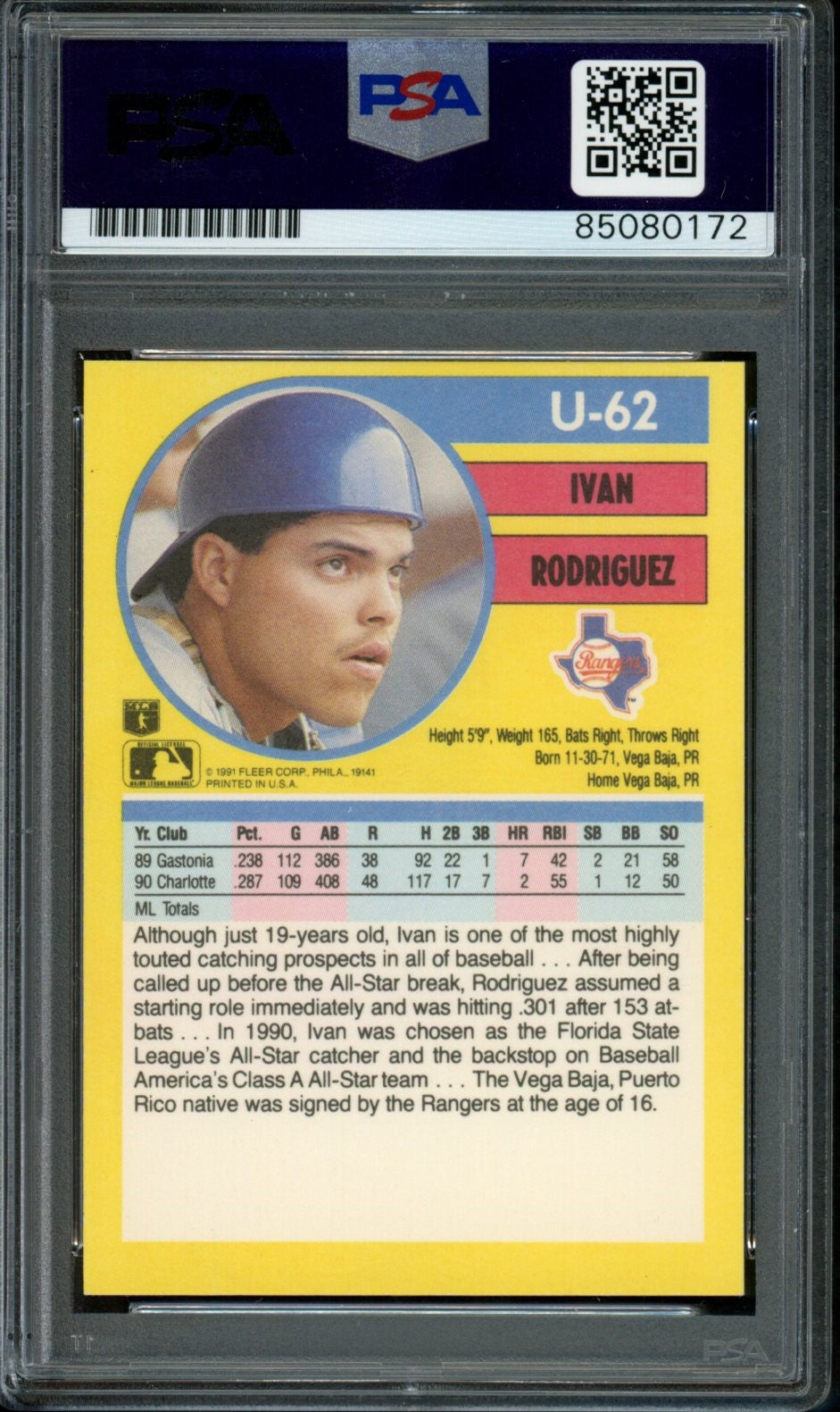 Ivan Rodriguez HOF Autographed 1991 Fleer Rookie Card #U-62 Rangers PSA/DNA 2