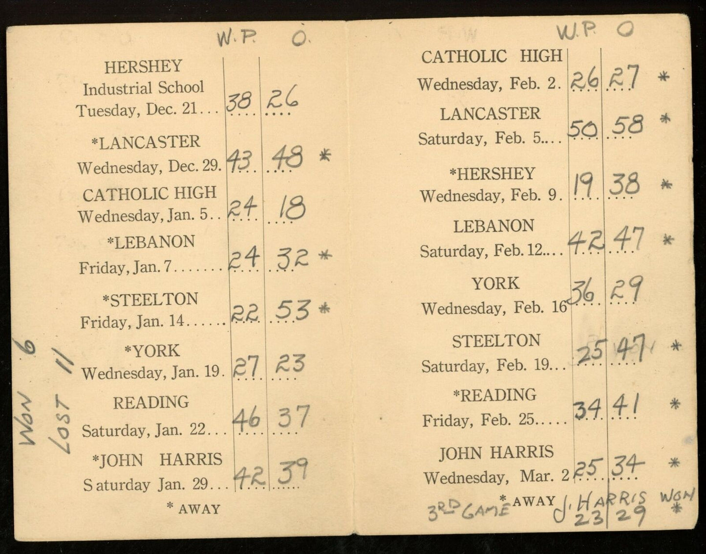 1937-38 William Penn High School Basketball 3x5 Pocket Schedule Harrisburg, PA