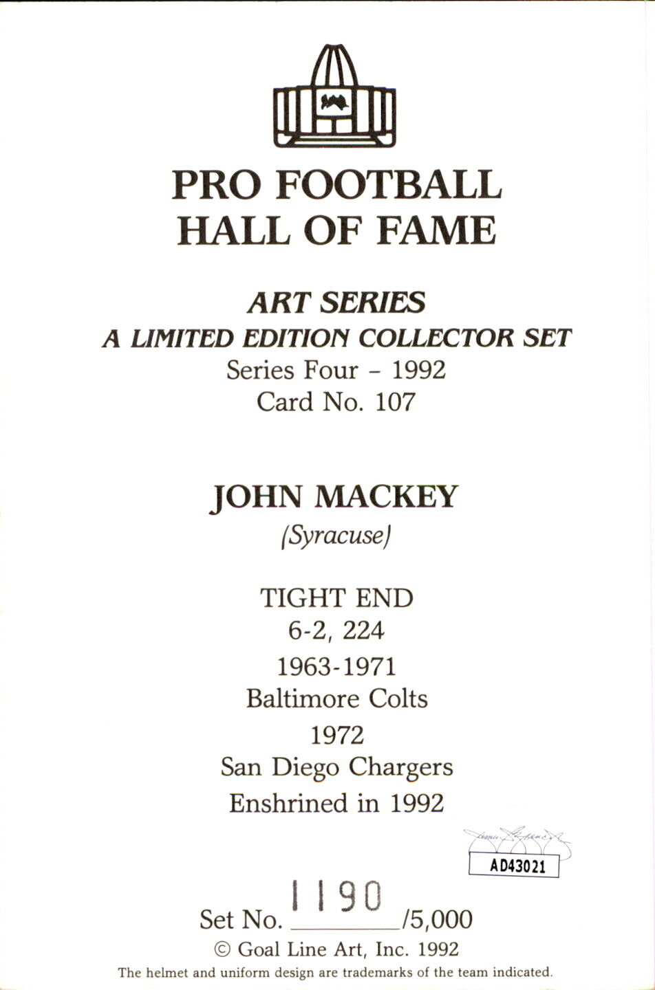 John Mackey HOF Autographed Goal Line Art GLAC Postcard Baltimore Colts JSA