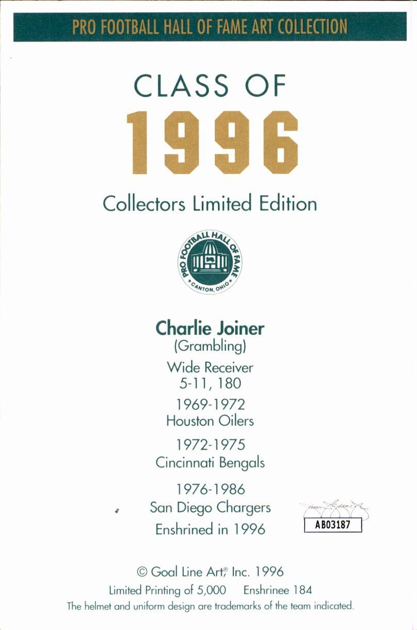 Charlie Joiner HOF Chargers Signed/Inscr Goal Line Art GLAC Postcard JSA 167076