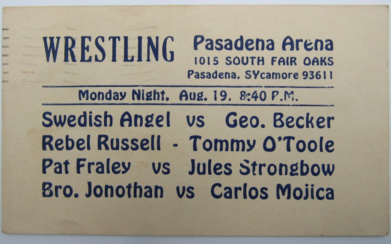 1945 Wrestling Matches at Pasadena Arena, California Advertising Postcard