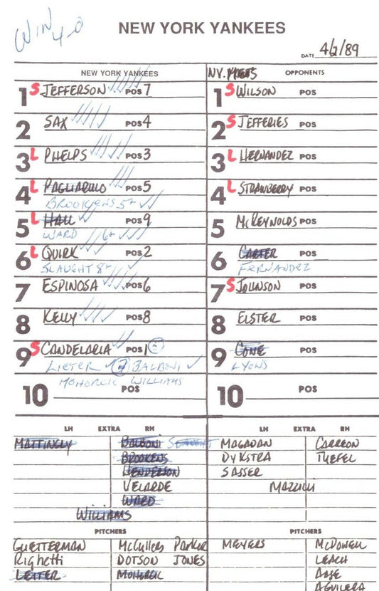 1989 New York Yankees Spring Training 5.5x8.5 Lineup Card vs. Mets 151536