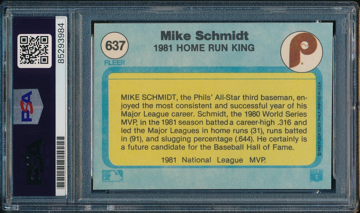 1982 Fleer Mike Schmidt Phillies Card #637 Signed PSA/DNA GEM MINT 10 190434