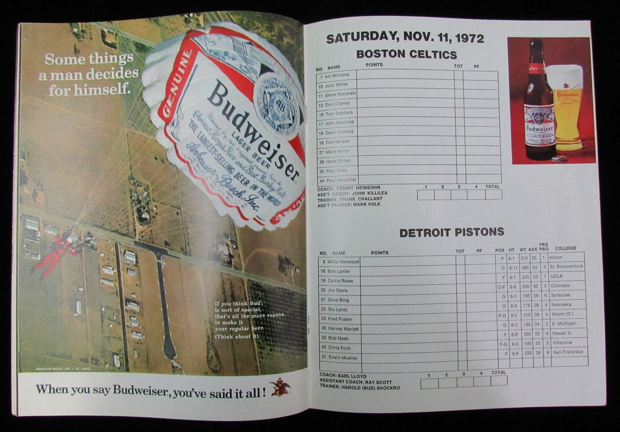 Nov. 11, 1972 Basketball Game Program Boston Celtics vs. Detroit Pistons 189169