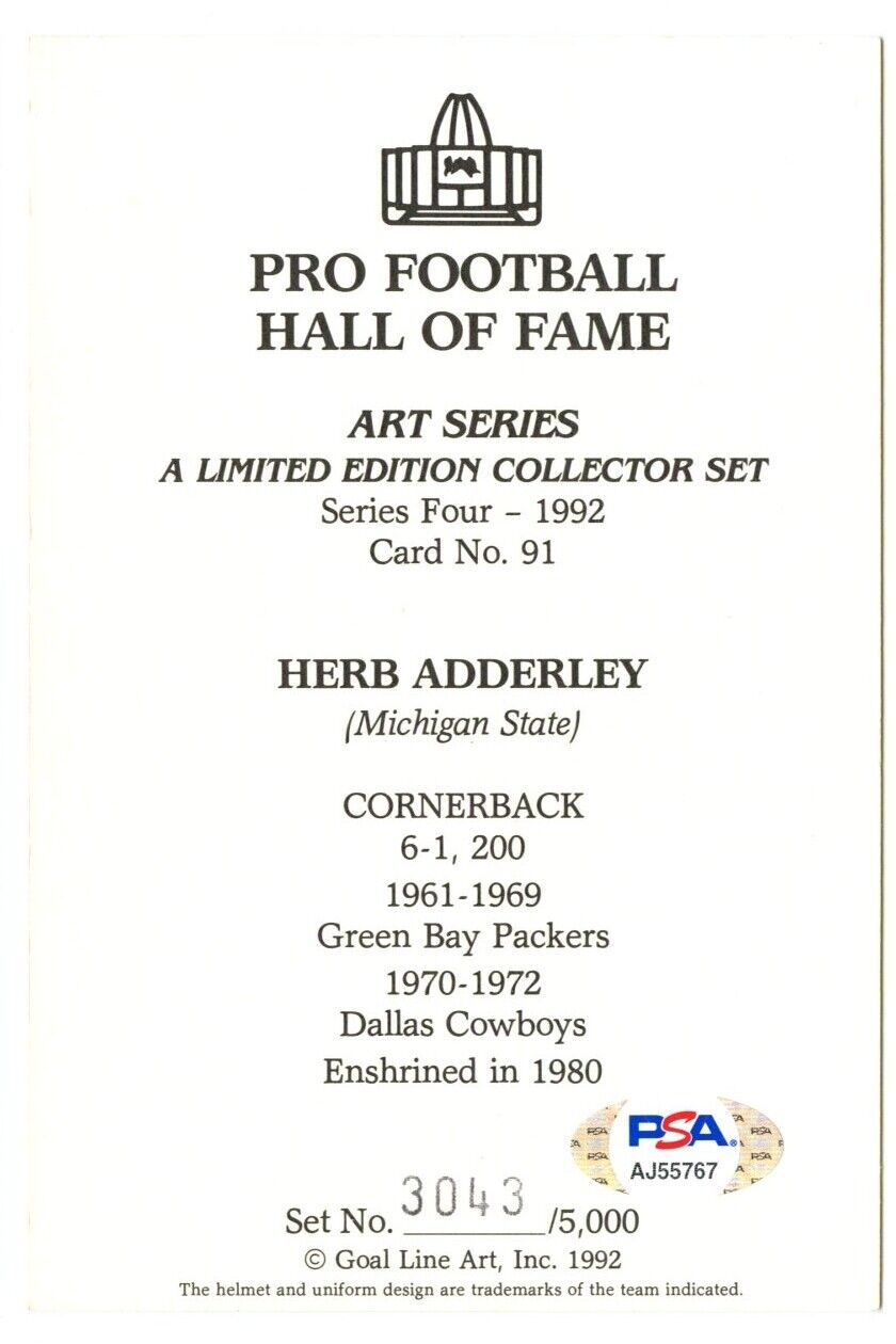 Herb Adderley Signed Goal Line Art GLAC Postcard w/HOF Packers PSA/DNA 160353