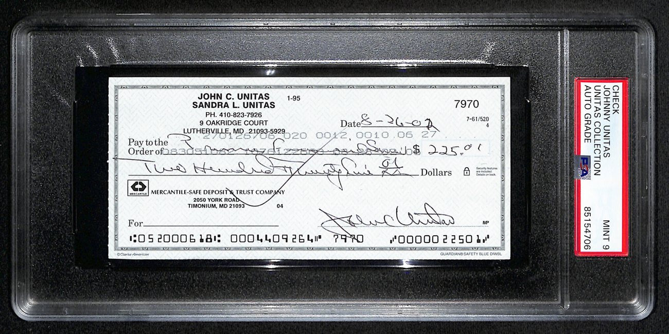 Johnny Unitas Signed 8/26/02 Check PSA/DNA MINT 9 188670