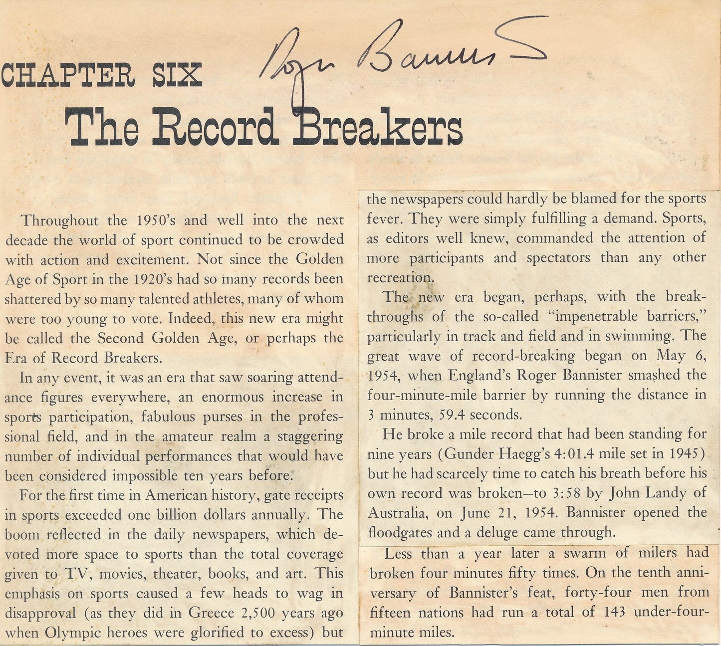 Roger Bannister Signed/Auto Magazine Article Runner PSA/DNA 192275