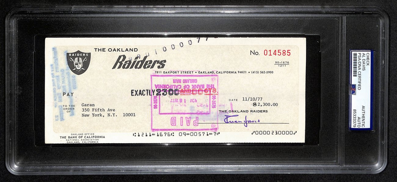 Al Davis HOF Signed/Autographed 8.5x3.5 Bank Check Raiders PSA/DNA 193228