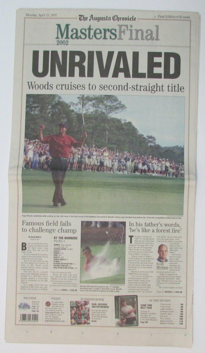 Tiger Woods Wins the Masters 2002 Augusta Chronicle Complete Newspaper 147868