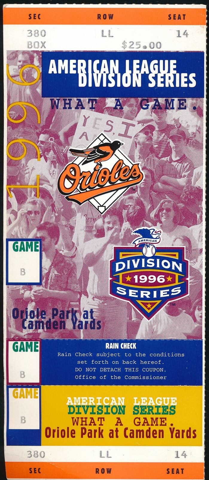 1996 ALDS Full Ticket Baltimore Orioles vs. Cleveland Indians at Camden Yards