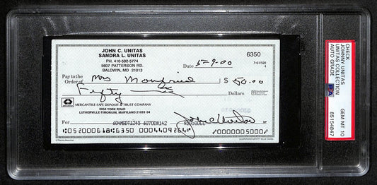 Johnny Unitas HOF Signed/Auto 2000 Bank Check Colts PSA/DNA GEM MT 10 192624