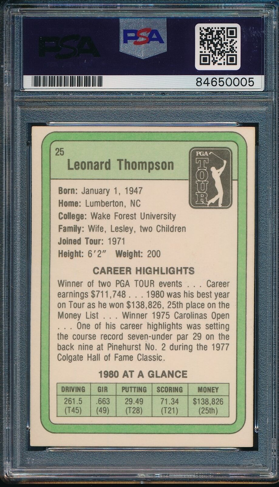 1981 DONRUSS PGA Leonard Thompson #25 Authentic Card Signed PSA/DNA 176076