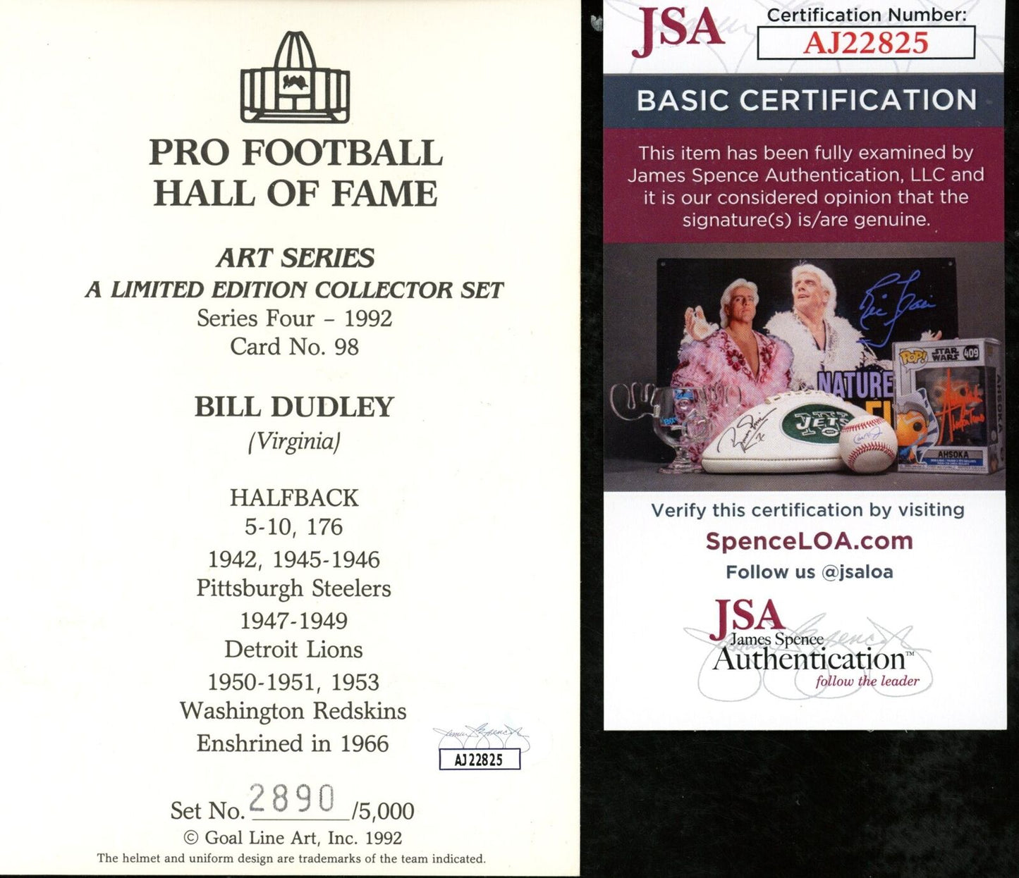Bill Dudley HOF Autographed/Insc Goal Line Art GLAC Postcard Redskins JSA 177811