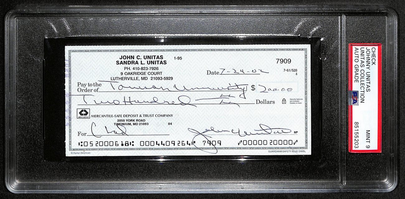 Johnny Unitas Signed 7/24/02 Check PSA/DNA MINT 9 188658