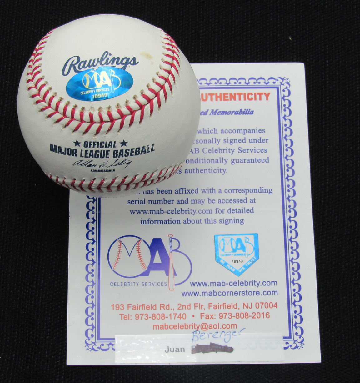 Juan Berenger Signed/Auto Yankees 100th OML Baseball MAB 187082