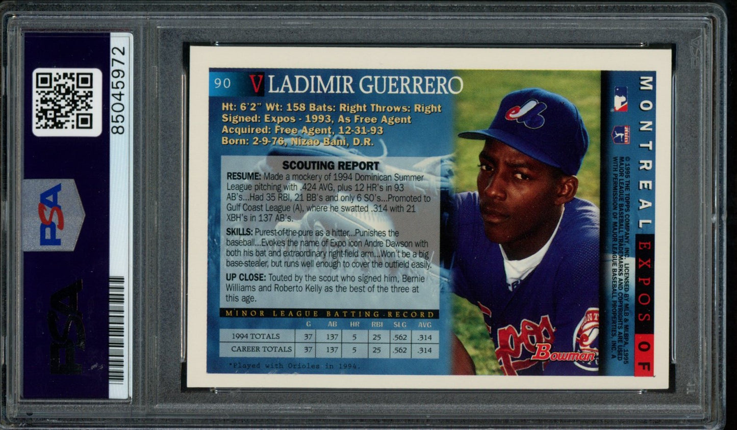 Vladimir Guerrero Montreal Expos Autographed 1995 Bowman Rookie Card #90 PSA/DNA