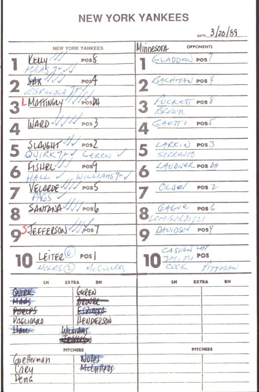 1989 New York Yankees Spring Training 5.5x8.5 Lineup Card vs.Twins 151525