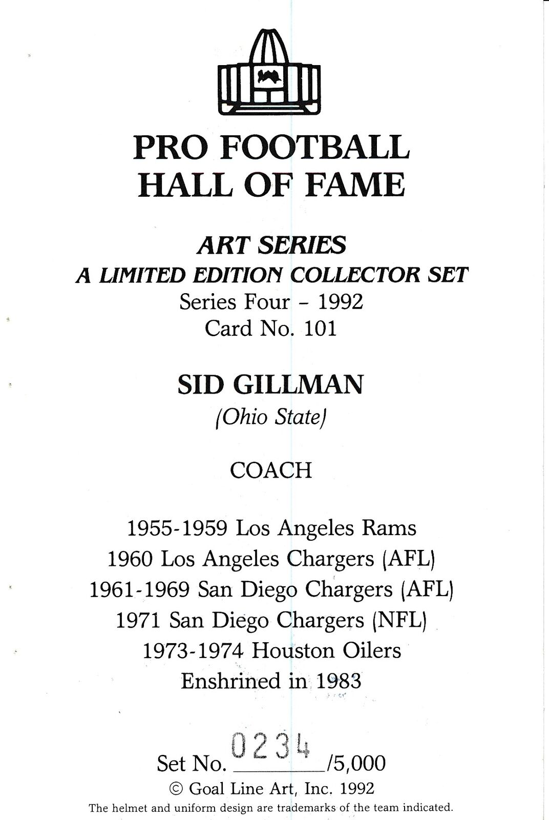 Sid Gillman HOF Goal Line Art GLAC Postcard San Diego Chargers JSA