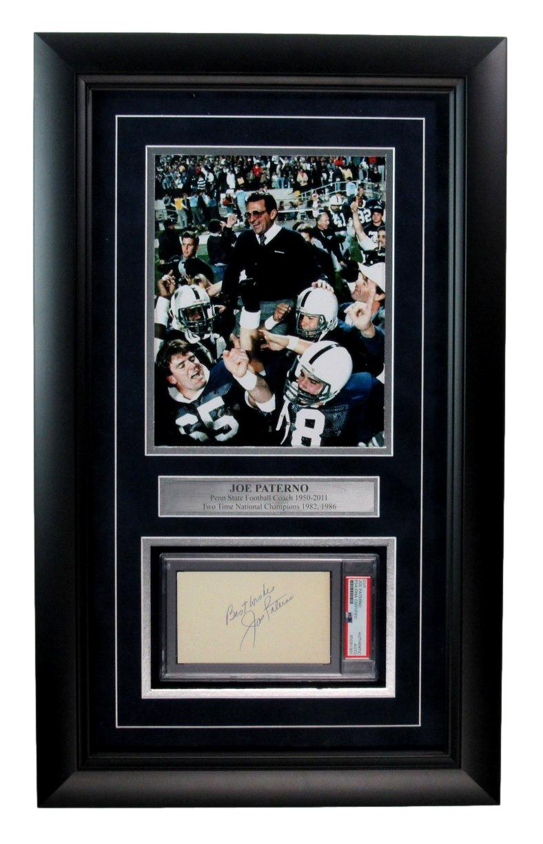 Joe Paterno Signed/Inscribed Cut Card w/ Photo Penn State Framed PSA/DNA 187182