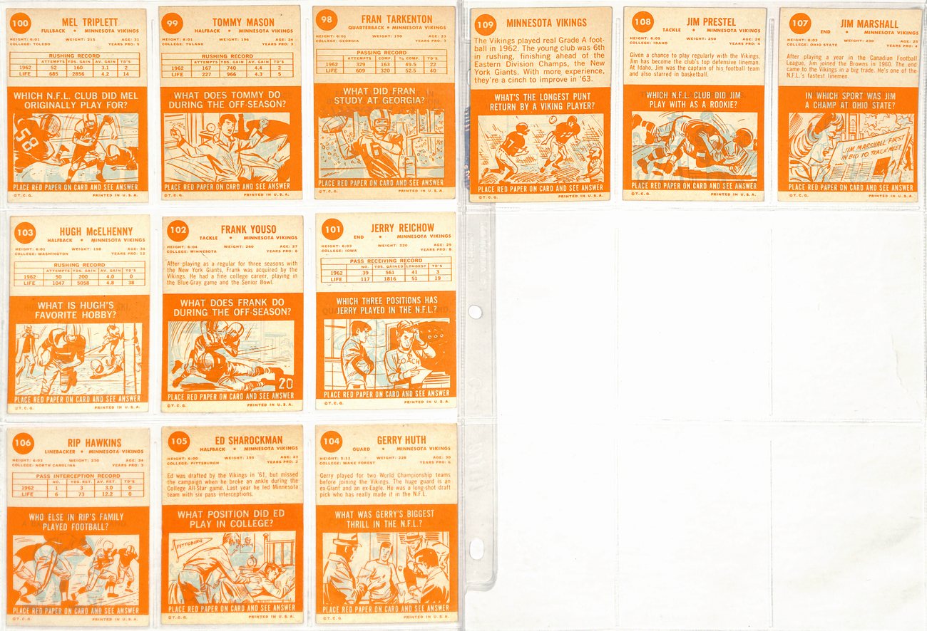 1963 Topps Football Vikings Complete Team Set (12/12) Cards Tarkenton 189253