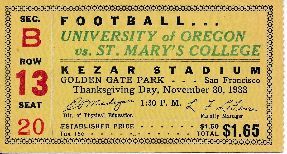 1933 Univ of Oregon vs. St. Mary's College Football Game Ticket Stub 148396