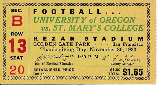 1933 Univ of Oregon vs. St. Mary's College Football Game Ticket Stub 148396