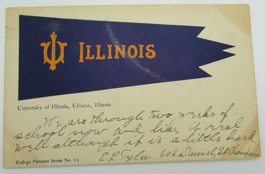 Vintage Postcard postmarked 1907 Univ. of Illinois, College Pennant Series #15