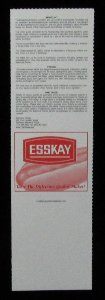 October 1, 2000 Full Ticket Orioles vs. Yankees Albert Belle Final Game 184915