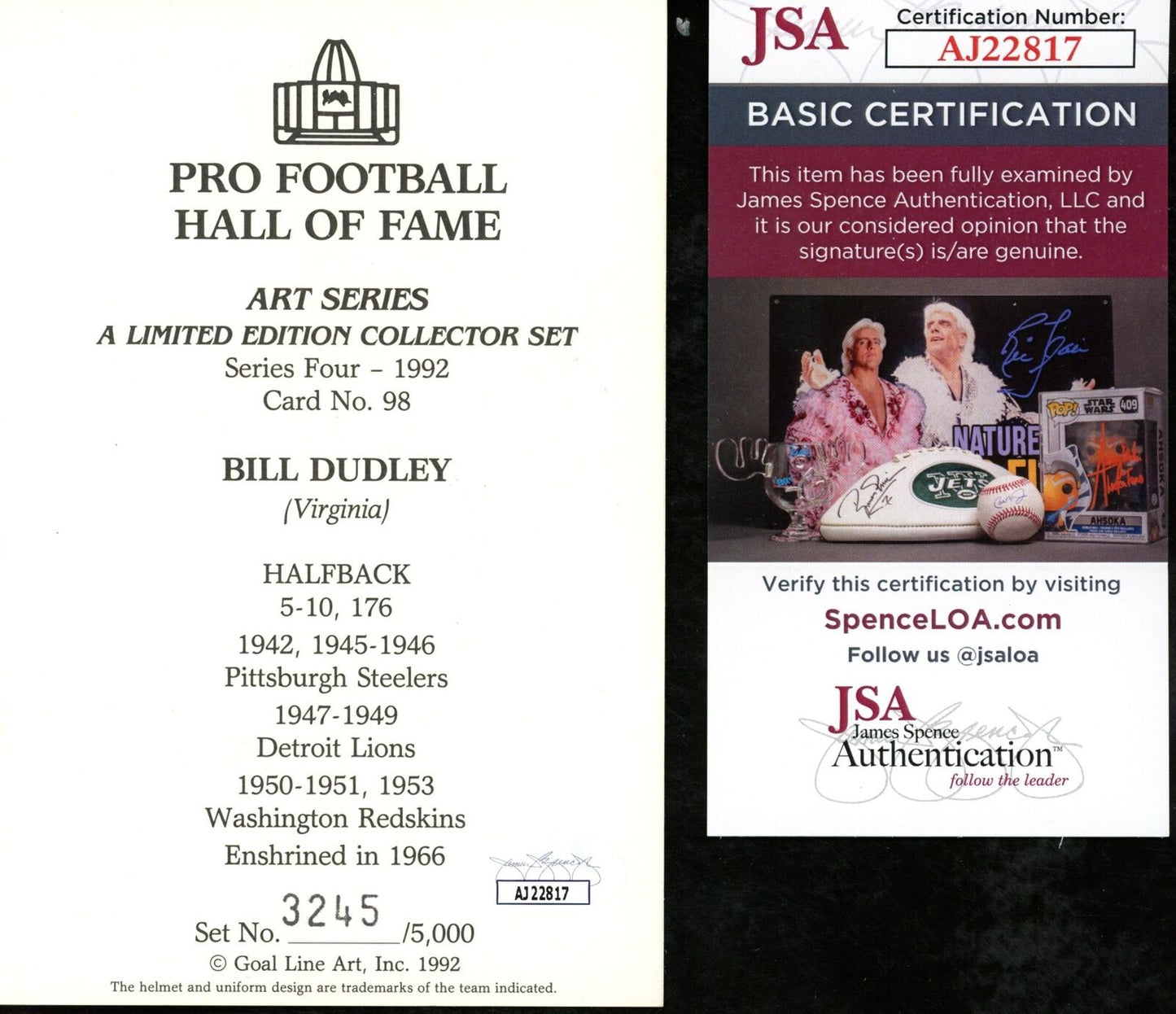 Bill Dudley HOF Autographed/Insc Goal Line Art GLAC Postcard Redskins JSA 177809