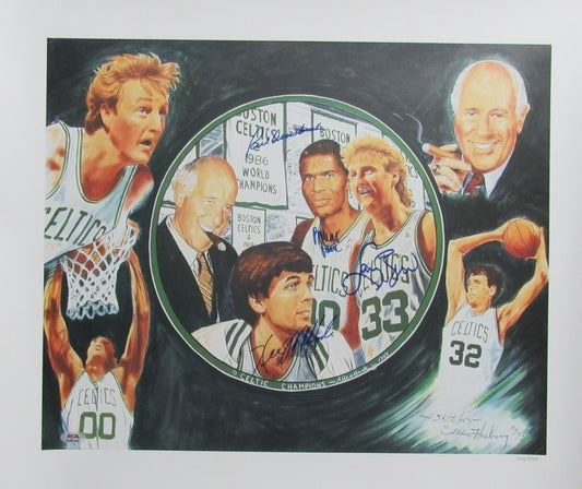 Bird/McHale/Parish/Auerbach Multi-Signed 24x20 Lithograph Celtics PSA/DNA 192393