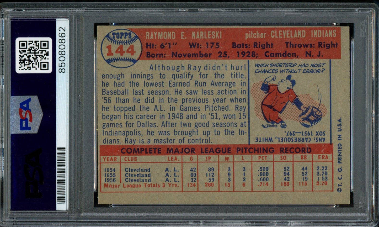 1957 TOPPS Ray Narleski #144 Auth Card Signed Cleveland Indians PSA/DNA 184094