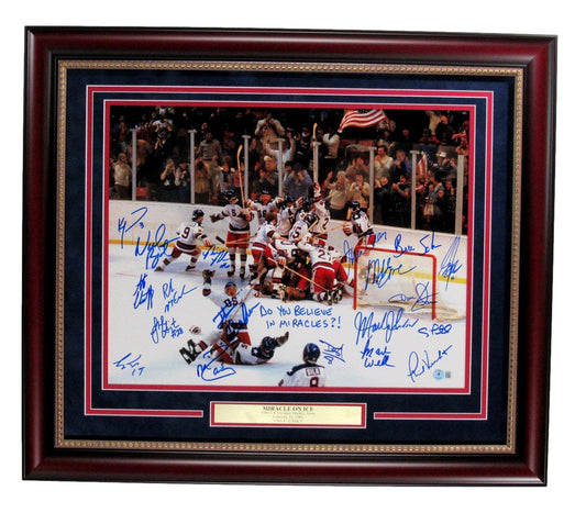 1980 US Olympic Hockey Team Multi-Signed 16x20 Photo Framed BAS 185399