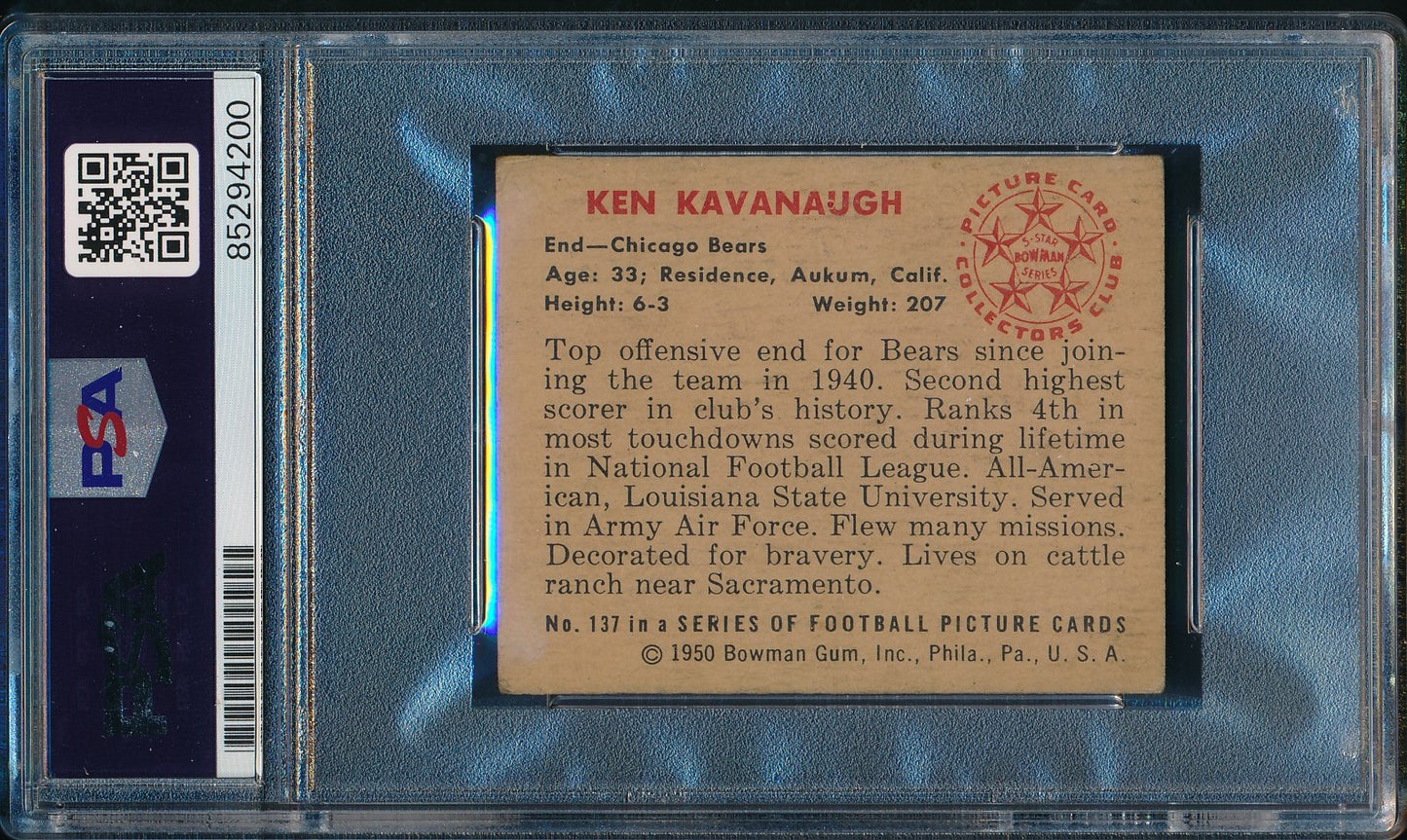 Ken Kavanaugh Signed/Autographed 1950 Bowman Card #137 Chicago Bears PSA/DNA 190592