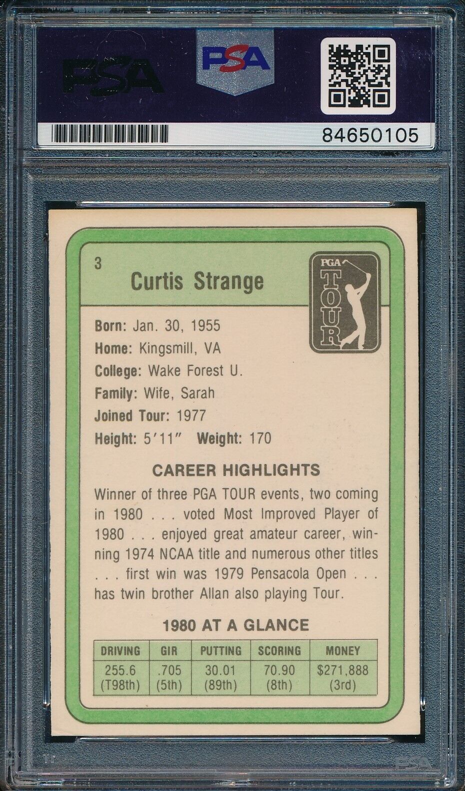 1981 DONRUSS PGA Curtis Strange #3 Authentic Card Signed PSA/DNA 176028