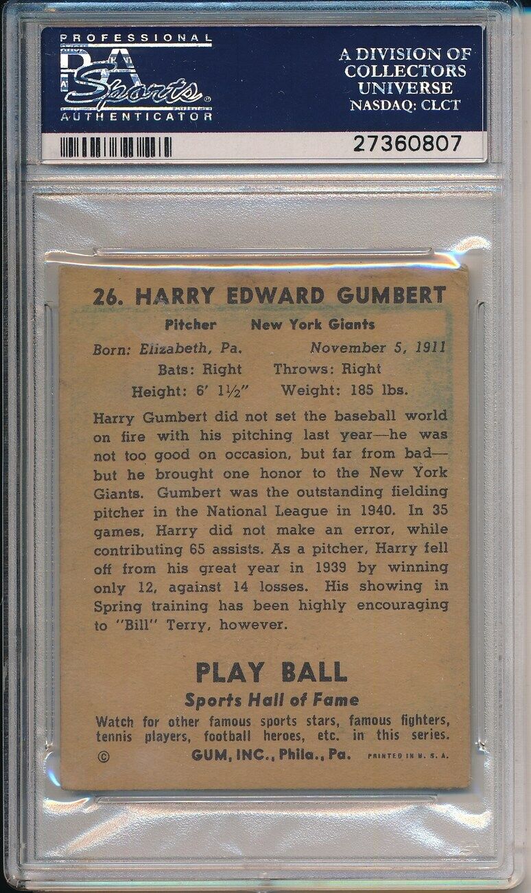 1941 Play Ball #26 Harry Gumbert NY Giants Signed/Autographed PSA/DNA 149587