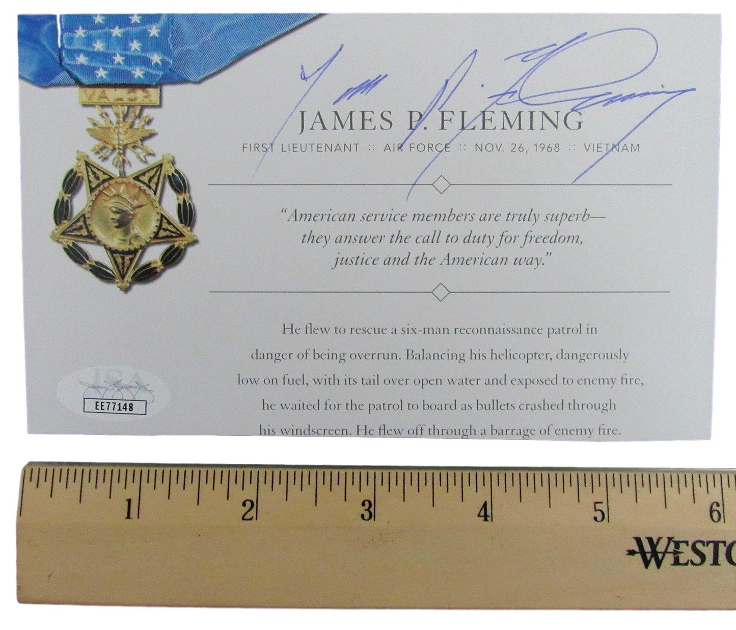 James D. Fleming, MOH Recipient, Signed MOH 4x6 Society Card JSA 146365