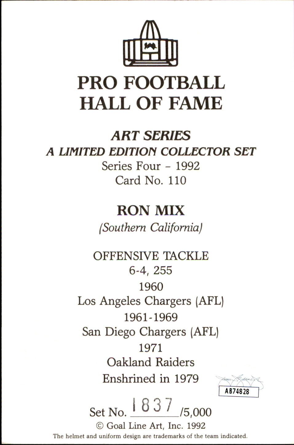 Ron Mix HOF Autographed Goal Line Art GLAC Postcard San Diego Chargers JSA