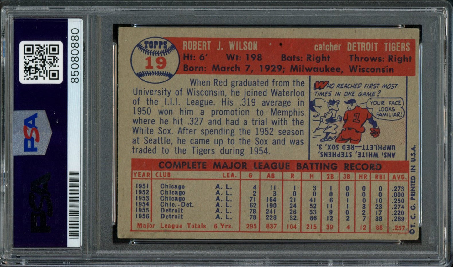 Bob Wilson Signed 1957 Topps Trading Card #19 Detroit Tigers PSA/DNA 183593