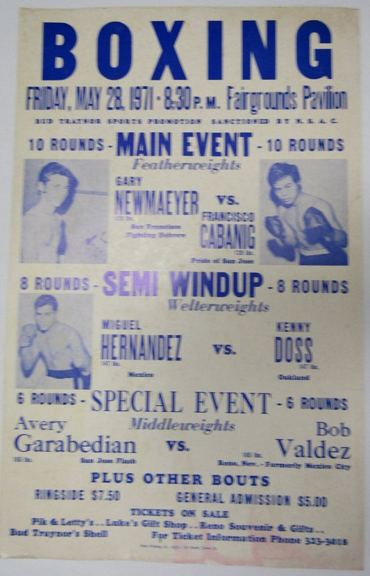 Gary Newmaeyer vs. Francisco Cabanig 14x22 On Site Boxing Poster 1971 Reno, NV