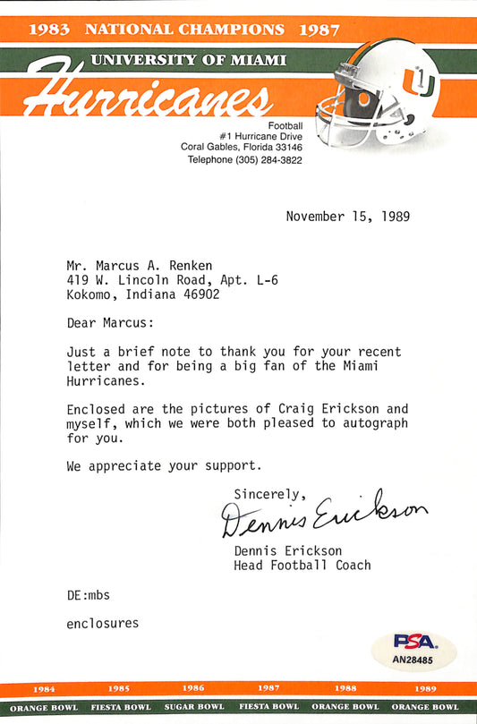 Dennis Erickson CFB HOF Signed TLS Letter University of Miami PSA/DNA 185112