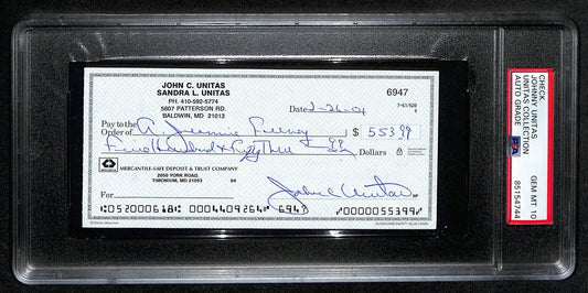 Johnny Unitas HOF Signed/Auto 2001 Bank Check Colts PSA/DNA GEM MT 10 192620