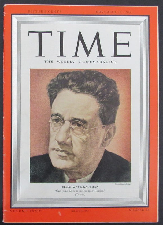 Time Magazine Vol XXXIV No 21 November 20, 1939 George S. Kaufman 183267