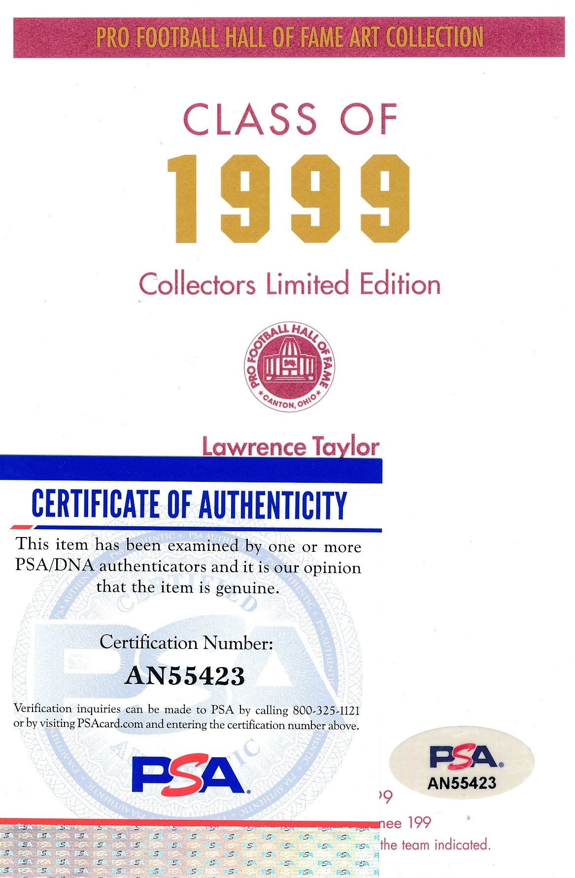 Lawrence Taylor Giants Signed 1999 GLAC/Goal Line Art Postcard PSA/DNA 186329