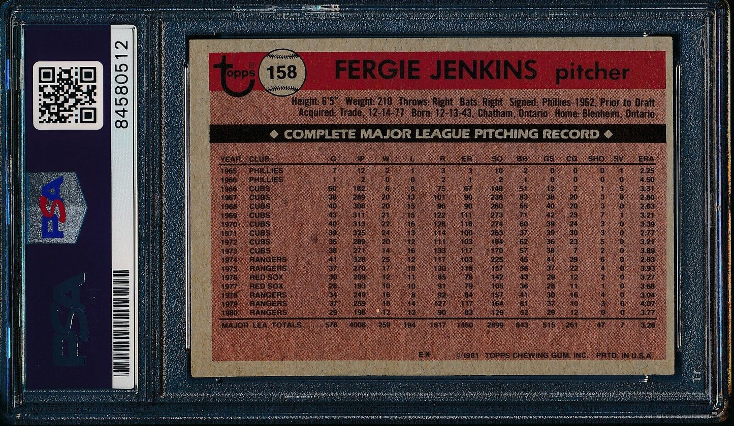 Fergie Jenkins HOF Signed/Auto 1981 TOPPS Card #158 Texas Rangers PSA/DNA