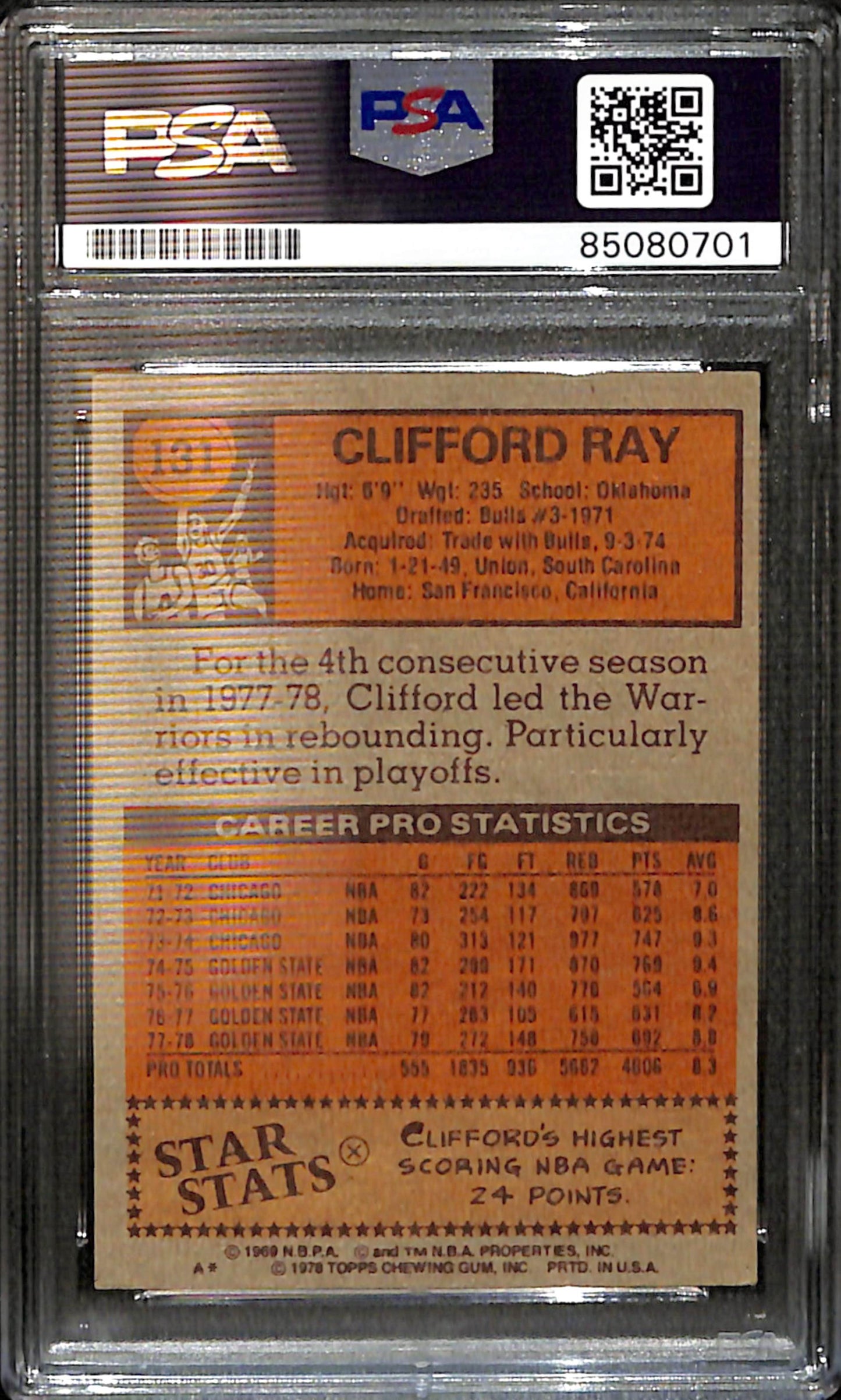 Clifford Ray Signed/Auto 1978 Topps Card #33 Warriors PSA/DNA 185416