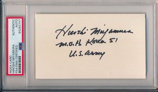 Hiroshi Miyamura U.S. Army MOH Signed/Inscribed 3x5 Index Card PSA/DNA 157268