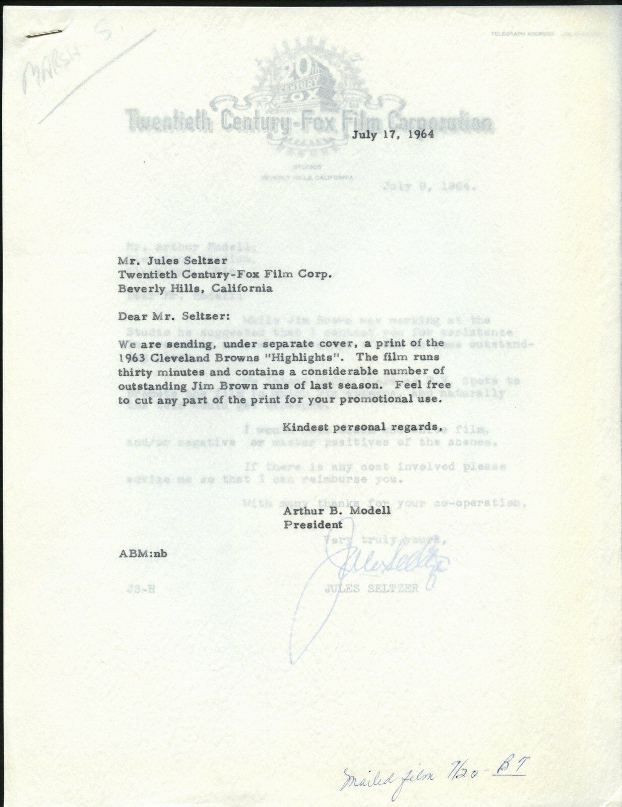 July 1964 letters(2)to and from Art Modell to 20th Century Fox  144993