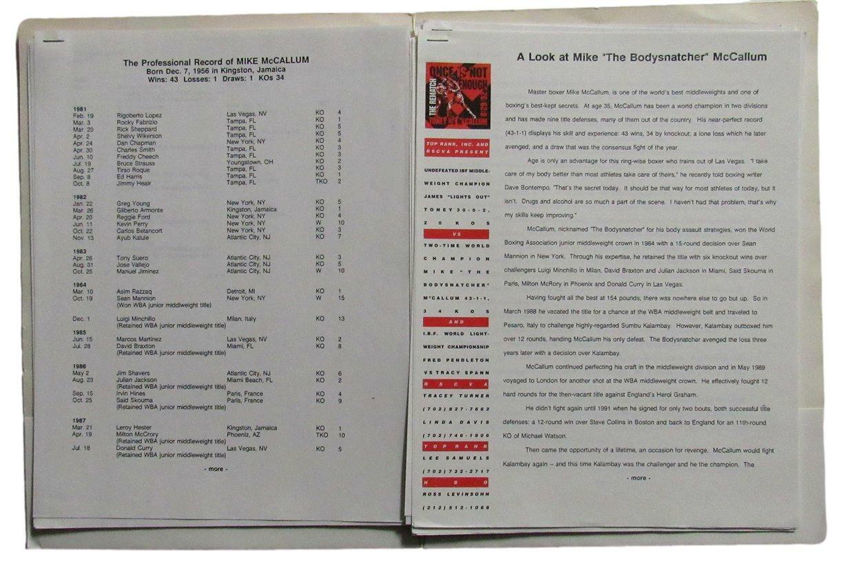 1992 World Middleweight Championship Toney vs. McCallum II Press Kit 167488