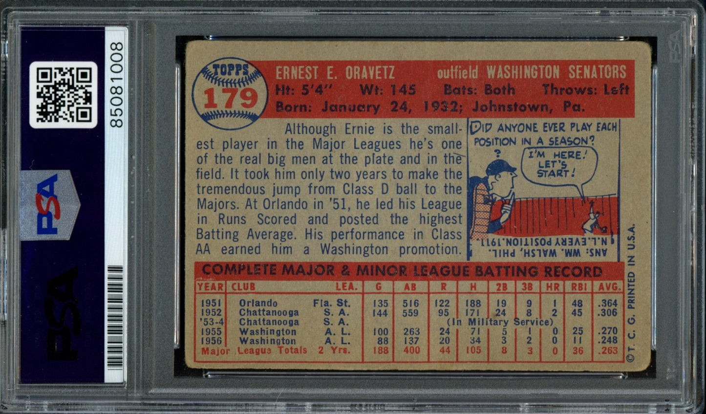 1957 TOPPS Ernie Oravetz #179 Auth Card Signed Senators PSA/DNA 184081