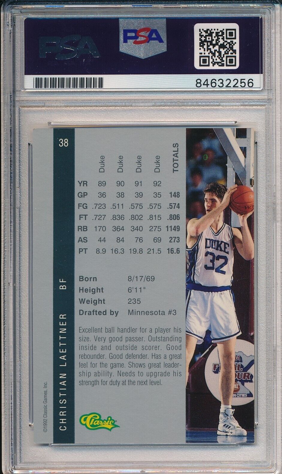 1992 Classic Four Draft Pick Christian Laettner #38 Card Signed Duke PSA/DNA